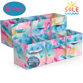 Colorful Cube Storage Bins, Set of 6 Foldable Collapsible Storage Box with Handles, 11" Fabric Storage Cubes Organizers for Shelves, Pink (Color: Blue)